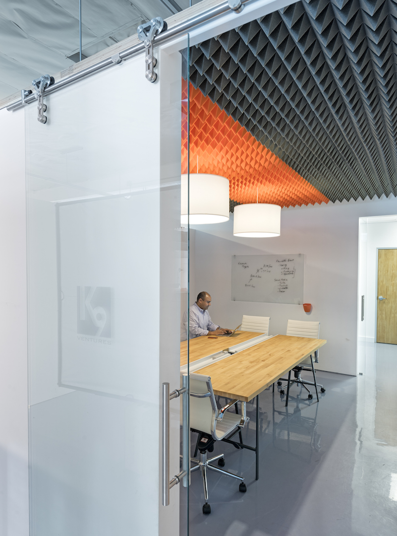 The main conference room with the cool acoustic foam ceiling.